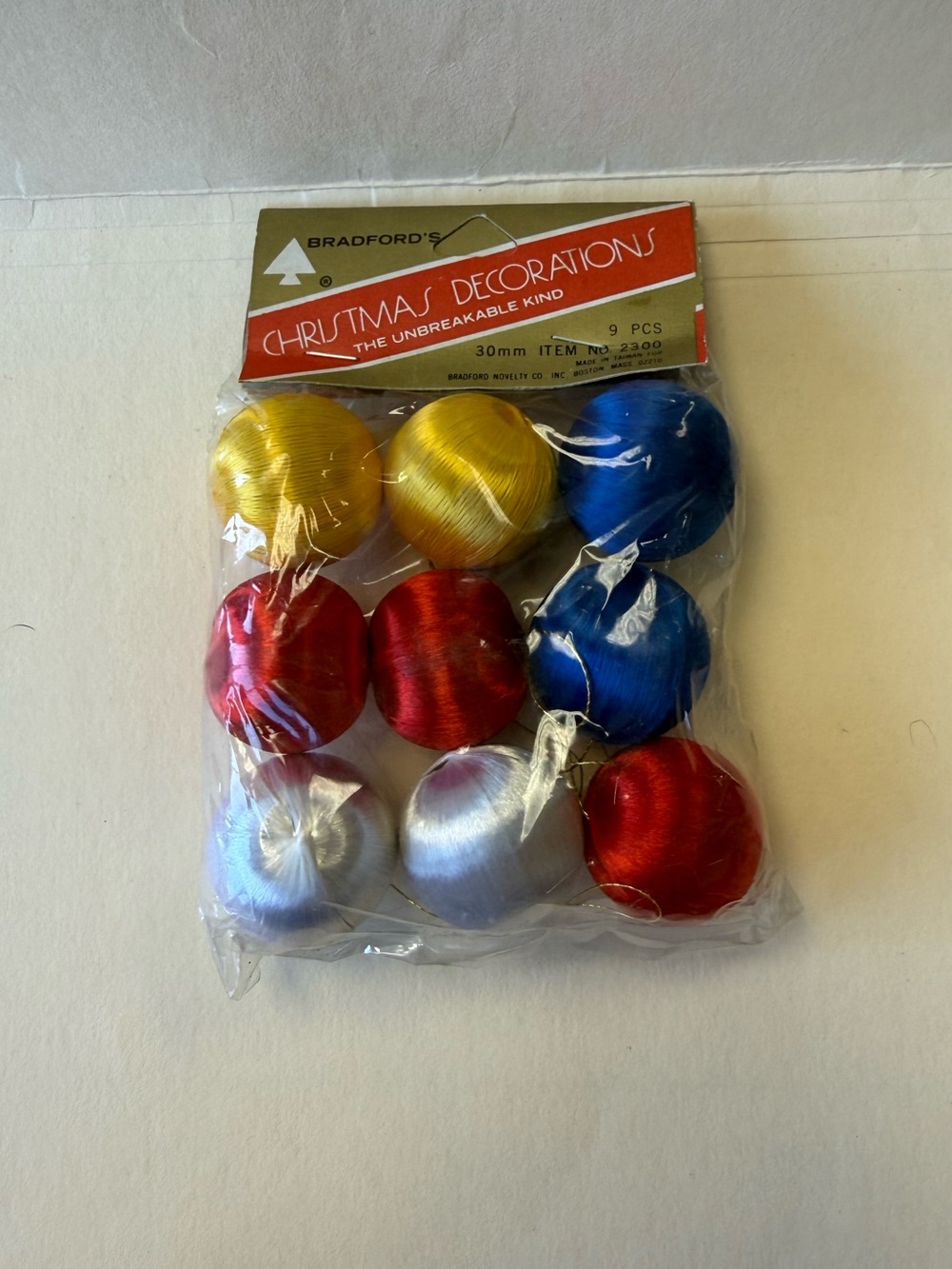Vintage New Old Stock Bradford Multi-Color Satin Unbreakable Christmas Ornaments